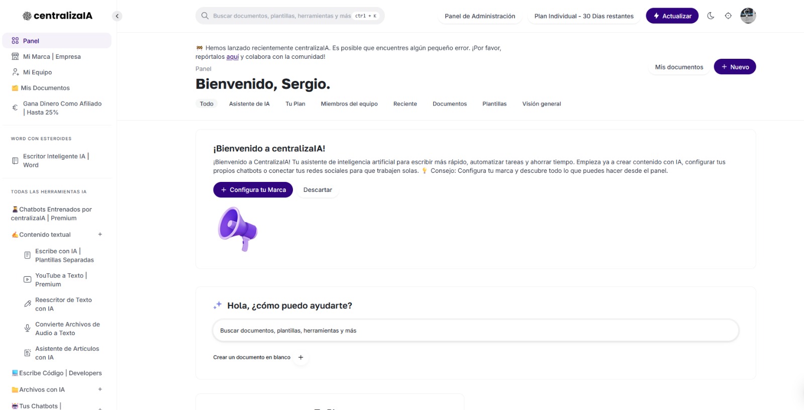 Image of centralizaIA | El software de IA para emprendedores y pymes dashboard